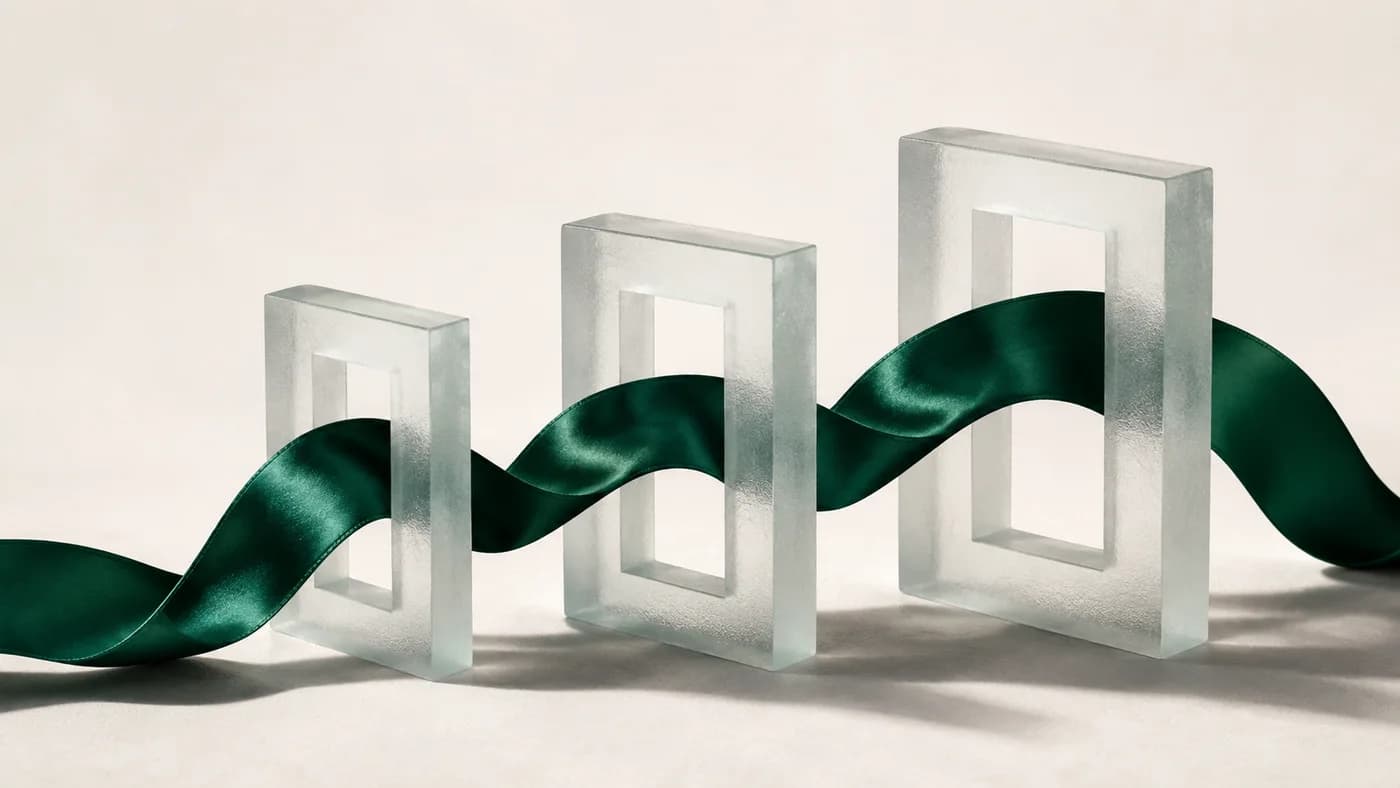 An emerald ribbon connecting translucent architectural frames