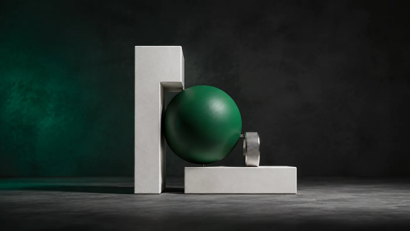 A green sphere suspended between white supports